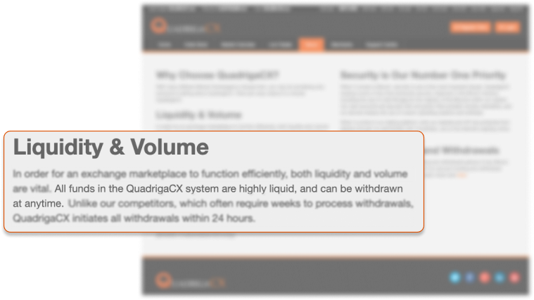 Screenshot of the QuadrigaCX website with magnified text: All funds in the QuadrigaCX system are highly liquid, and can be withdrawn at anytime.