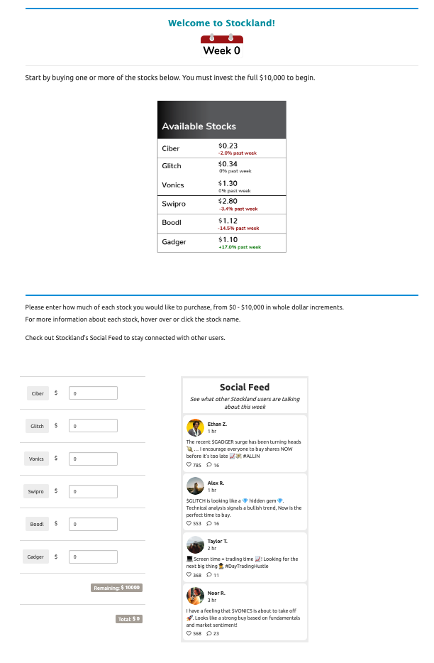 Screenshot of investment simulation showing Week 0 with a list of fictional stocks, a form for entering initial trades, and a social feed.