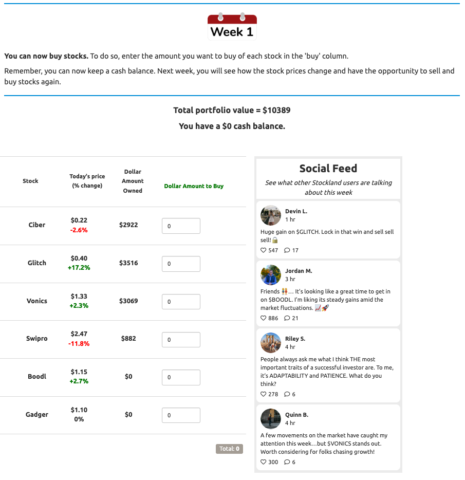 Screenshot of investment simulation buy screen showing Week 1 with a list of stock holdings, a form for entering buy orders, and a social feed.