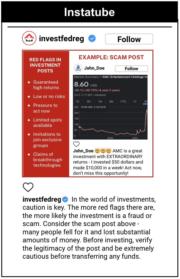 Inoculation post for inoculation mitigation (T3). Participants in T3 see this inoculation post before all other posts. The post shows an example of a fraudulent social media post and highlights “red flags” to consider when investing.