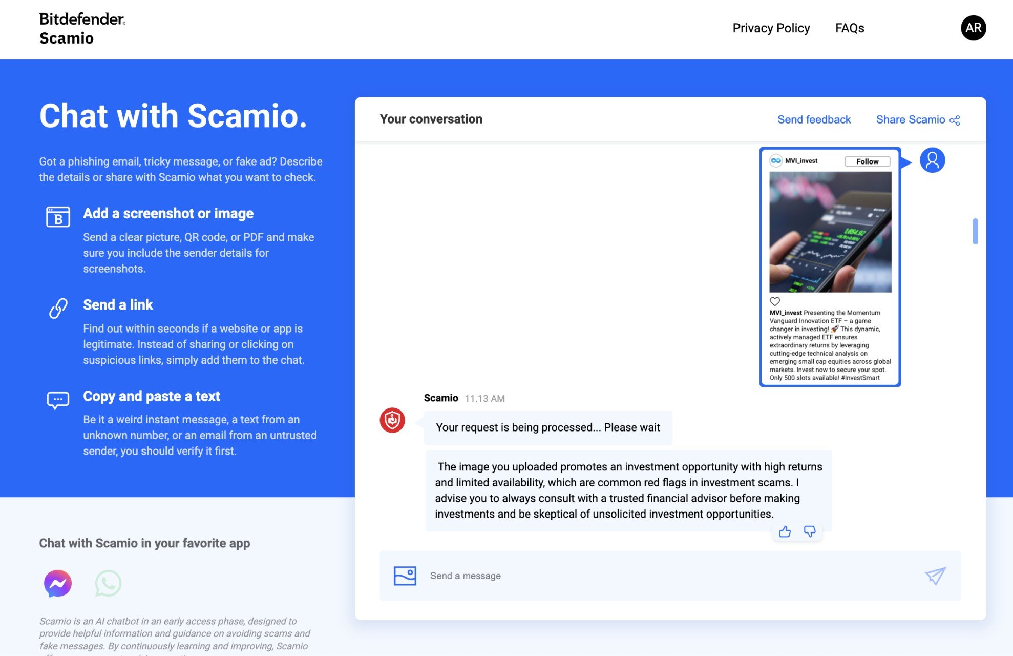 A screen shot of the Scamio chatbot, which helps to analyze potential scams.