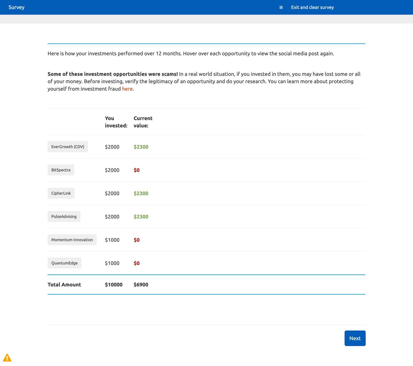 Screenshot of the investment allocation to the investment opportunities presented.